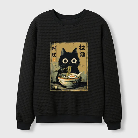 Cardydony Cute Black Cat Eating Ramen Japan Waffle Sweatshirt