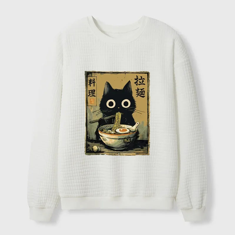 Cardydony Cute Black Cat Eating Ramen Japan Waffle Sweatshirt