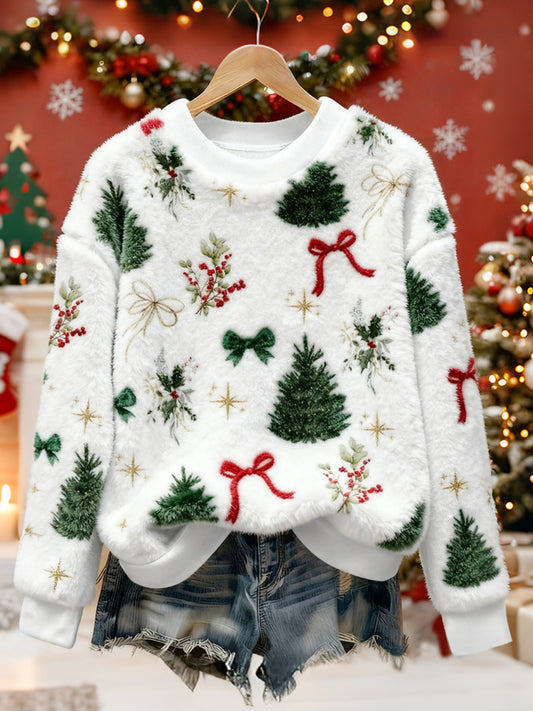 Cardydony Cute Bow And Holly Berry Pattern Warm Crew Neck Sweater