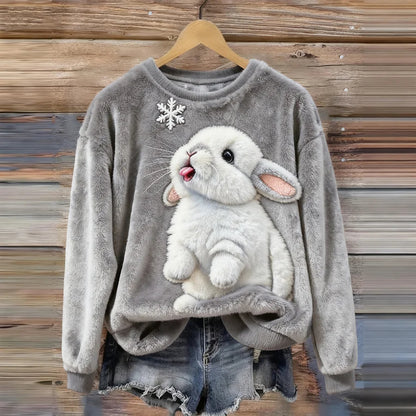 Cardydony Cute Bunny & Snowflake Embroidered Cozy Plush Sweatshirt