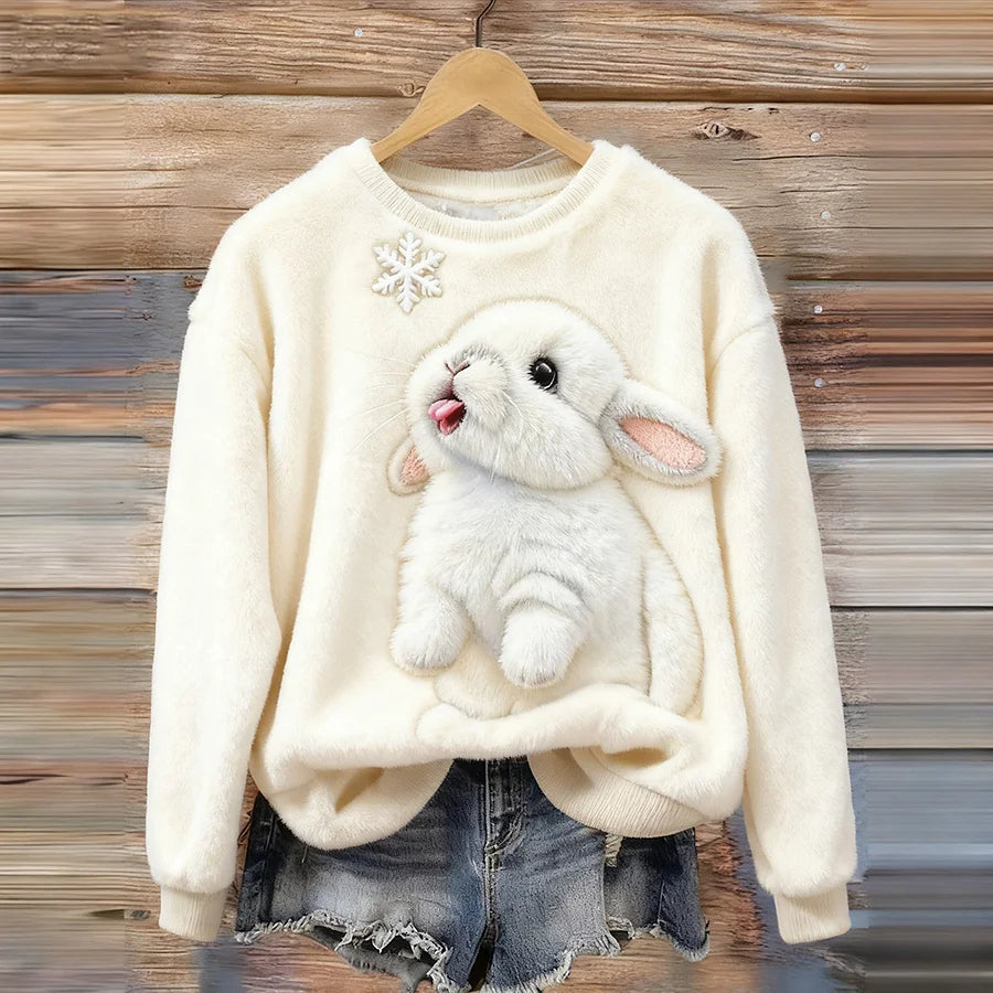 Cardydony Cute Bunny & Snowflake Embroidered Cozy Plush Sweatshirt