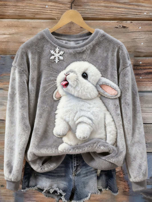 Cardydony Cute Bunny & Snowflake Embroidered Cozy Plush Sweatshirt
