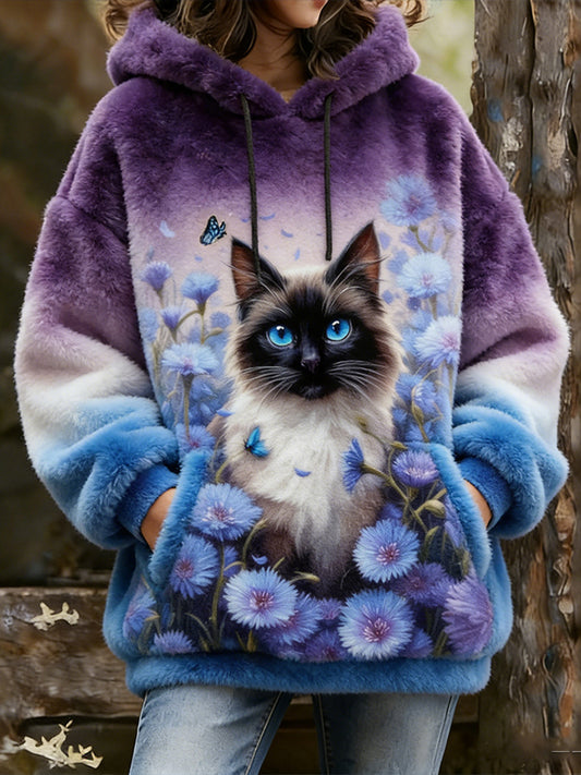 Cardydony Cute Cat Pattern Women's Winter Flannel Sweatshirt