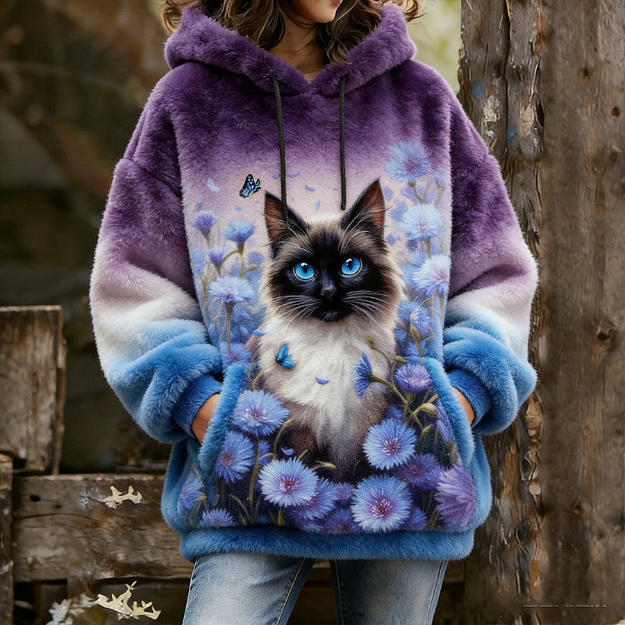 Cardydony Cute Cat Pattern Women's Winter Flannel Sweatshirt