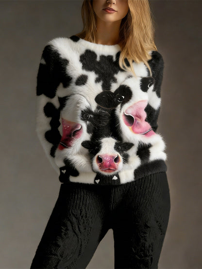 Cardydony Cute Dairy Cow & Cow Fur Pattern Cozy Plush Sweatshirt