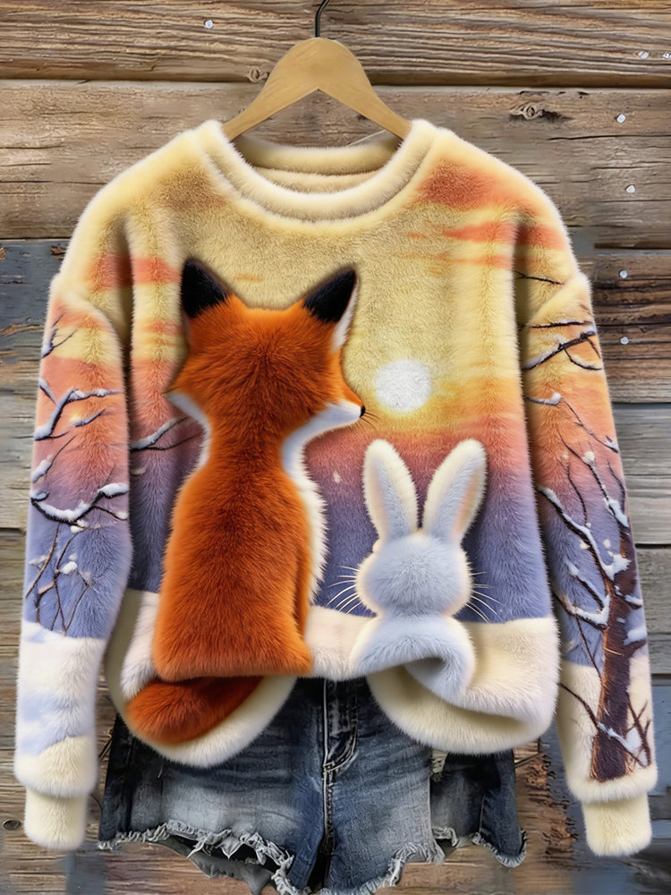 Cardydony Cute Fox And Bunny Art Cozy Plush Sweatshirt