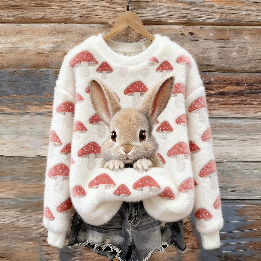 Cardydony Cute Rabbit And Mushroom Pattern Women's Round Neck Flannel Sweatshirt