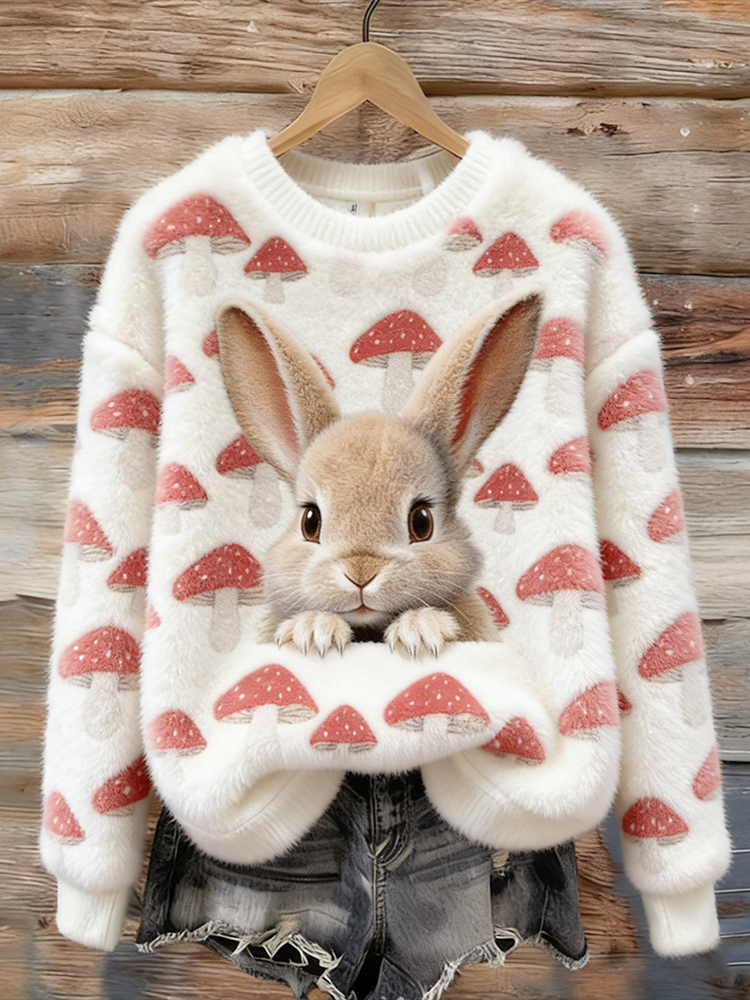 Cardydony Cute Rabbit And Mushroom Pattern Women's Round Neck Flannel Sweatshirt