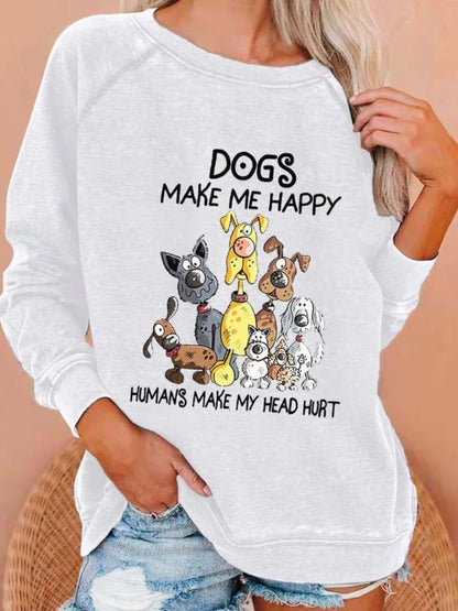 Cardydony Dog Makes Me Happy Print Long Sleeve Sweatshirt