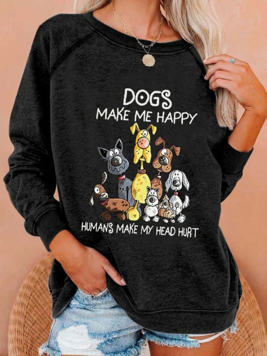 Cardydony Dog Makes Me Happy Print Long Sleeve Sweatshirt