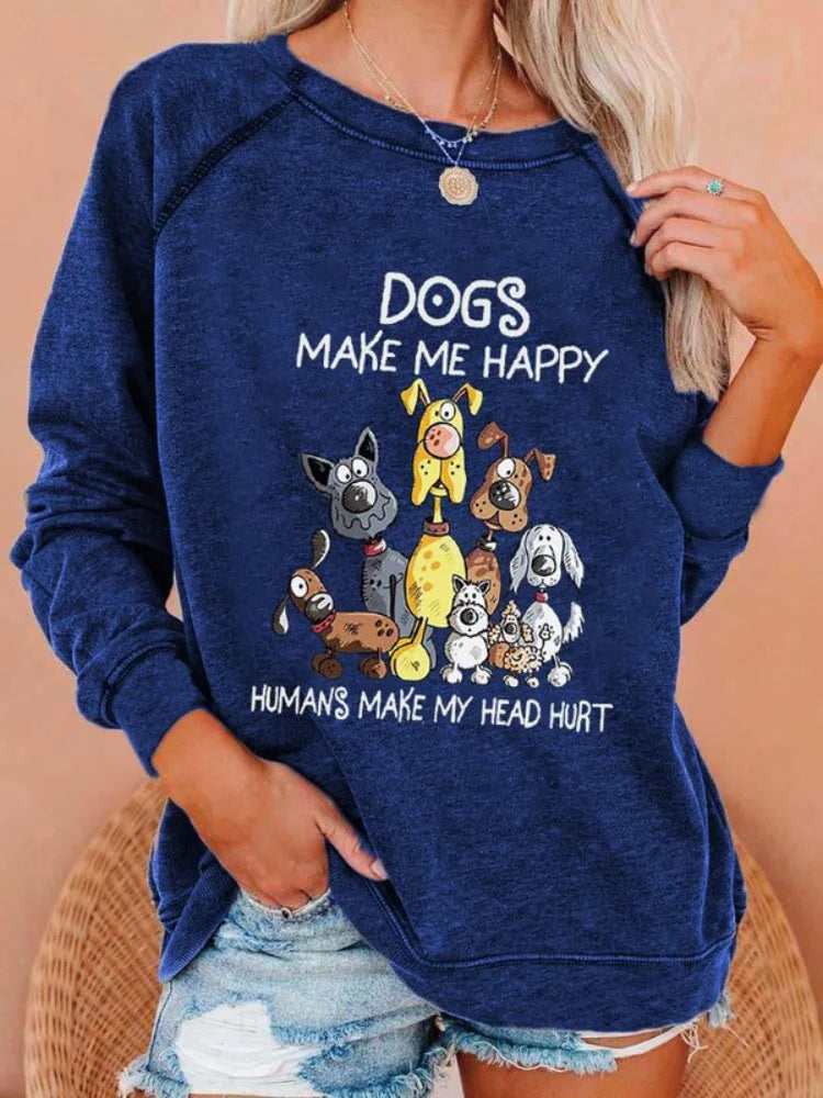 Cardydony Dog Makes Me Happy Print Long Sleeve Sweatshirt