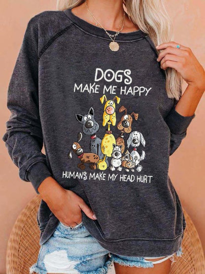 Cardydony Dog Makes Me Happy Print Long Sleeve Sweatshirt