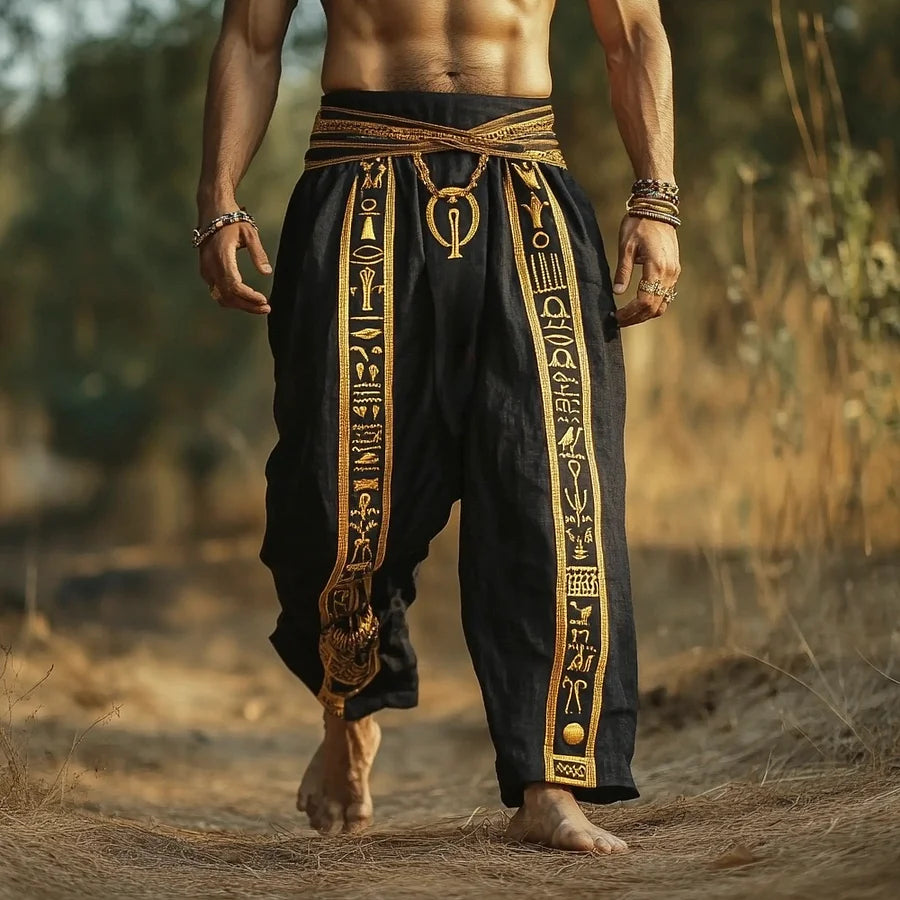 Cardydony Egyptian Gold Totem Embroidered Men's Linen Trousers
