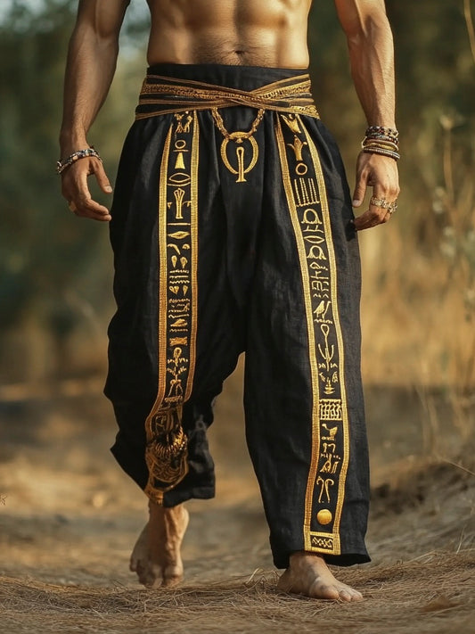 Cardydony Egyptian Gold Totem Embroidered Men's Linen Trousers