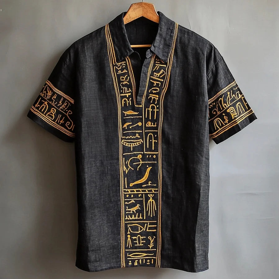 Cardydony Egyptian Totem Embroidered Men's Linen Short Sleeve Shirt