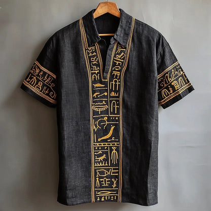 Cardydony Egyptian Totem Embroidered Men's Linen Short Sleeve Shirt