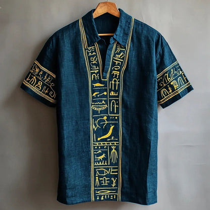 Cardydony Egyptian Totem Embroidered Men's Linen Short Sleeve Shirt