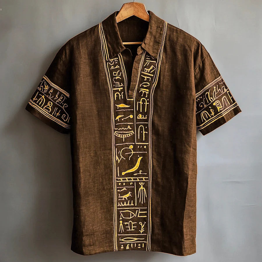 Cardydony Egyptian Totem Embroidered Men's Linen Short Sleeve Shirt