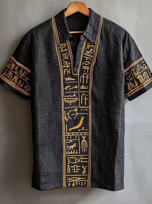 Cardydony Egyptian Totem Embroidered Men's Linen Short Sleeve Shirt