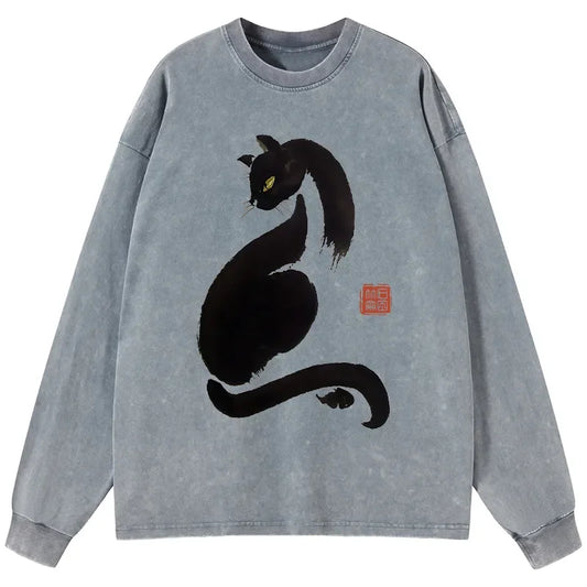 Cardydony Elegant Black Cat Japan Washed Long Sleeve T-shirt