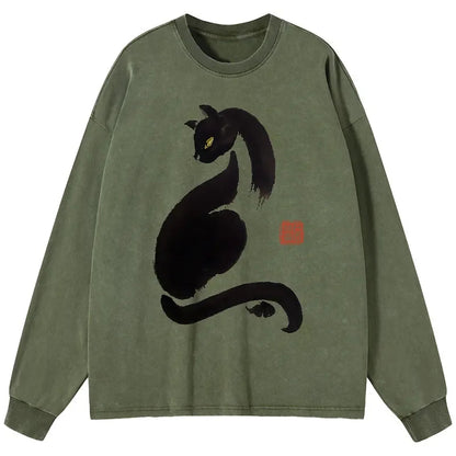 Cardydony Elegant Black Cat Japan Washed Long Sleeve T-shirt
