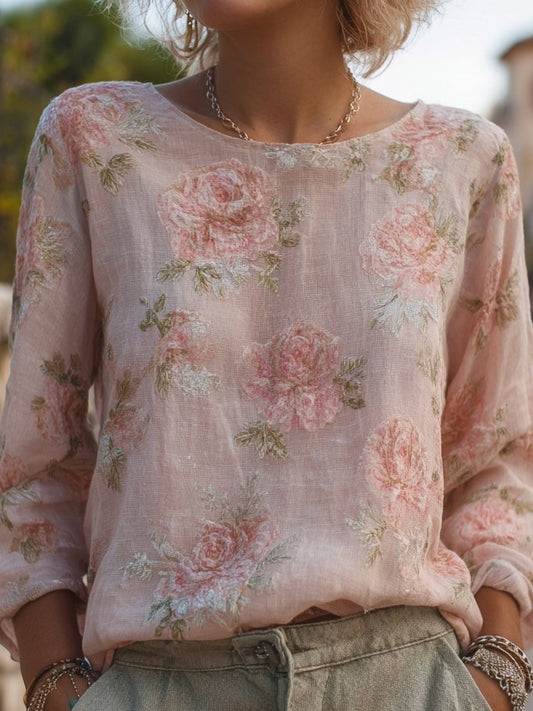 Cardydony Elegant Boho Roses Pattern Round Neck Cozy Linen Tunic