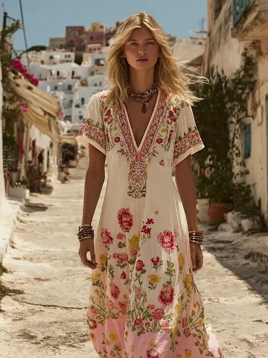 Cardydony Elegant Boho Roses Pattern V Neck Flowy Linen Maxi Dress