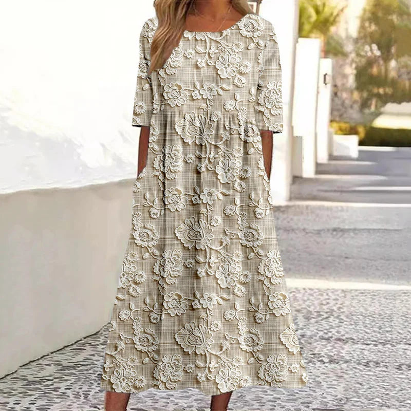 Cardydony Elegant Floral Lace Embroidered Linen Blend Maxi Dress