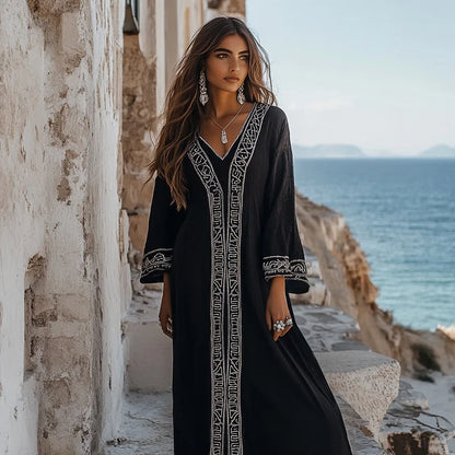 Cardydony Elegant Greek Key V Neck Linen Blend Maxi Dress