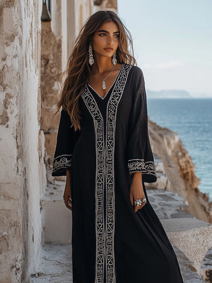 Cardydony Elegant Greek Key V Neck Linen Blend Maxi Dress