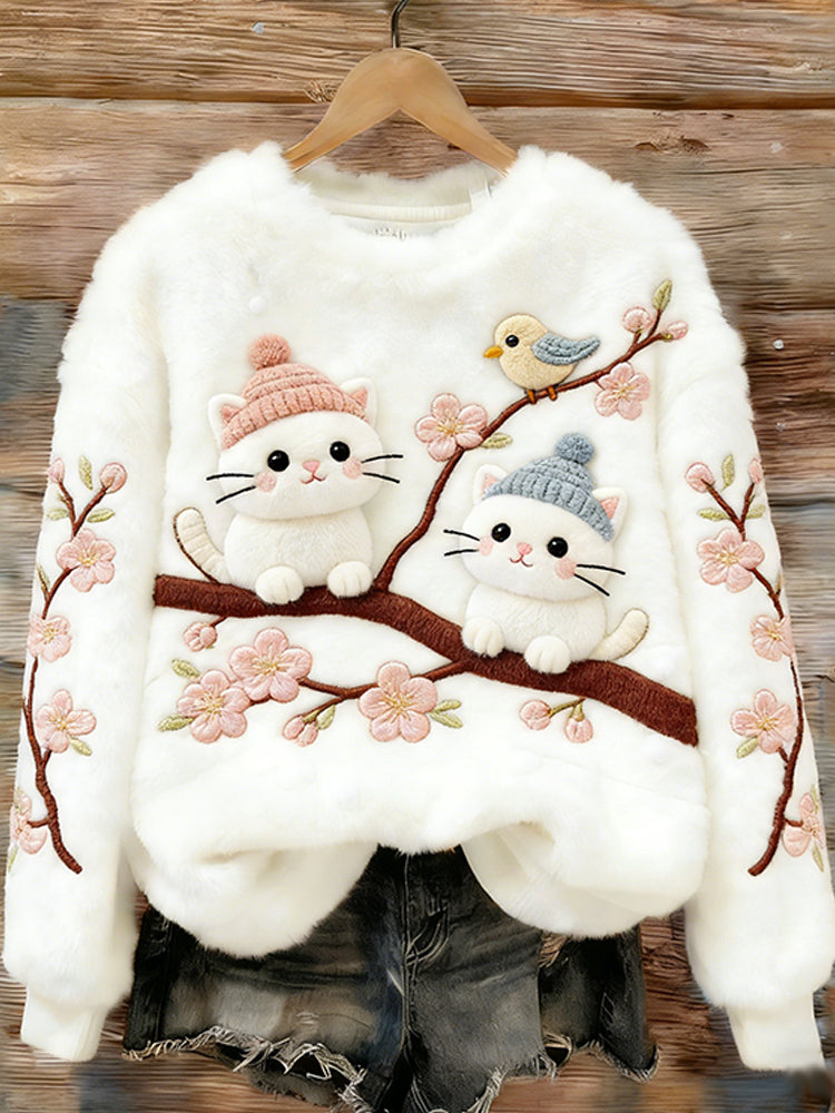 Cardydony Frolicking Cat And Bird Plush Turtleneck Sweatshirt