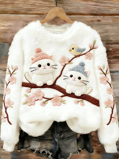 Cardydony Frolicking Cat And Bird Plush Turtleneck Sweatshirt