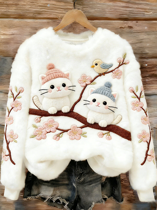 Cardydony Frolicking Cat And Bird Plush Turtleneck Sweatshirt