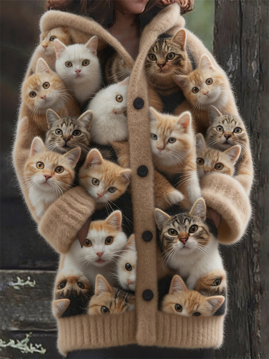 Cardydony Funny Crowded Fuzzy Cats Cozy Hooded Cardigan