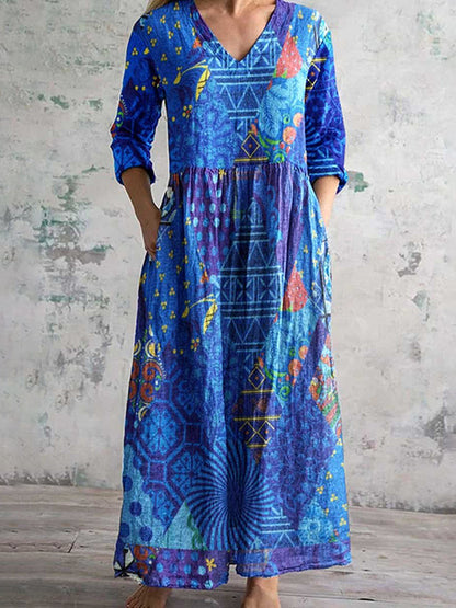 Cardydony Geometric Print V-Neck Casual Loose Midi Dress