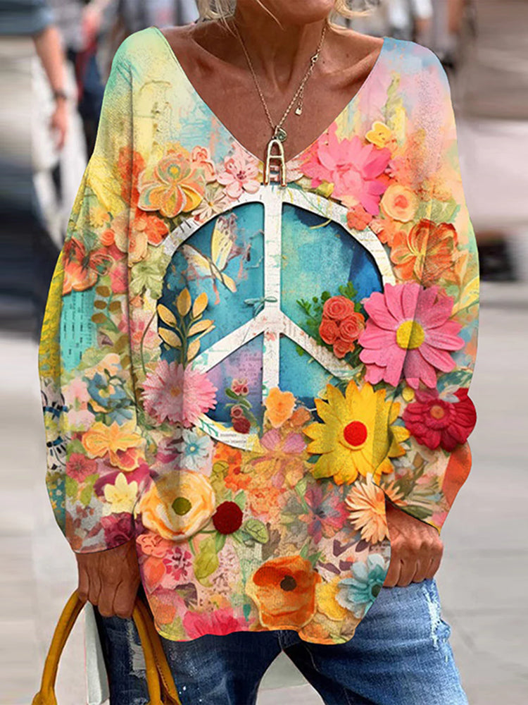 Cardydony Hippie Vibe Peace And Love Hippie Floral Painting Art Cozy T Shirt