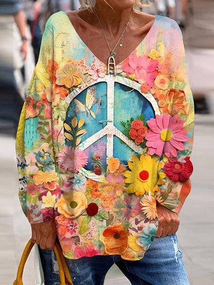 Cardydony Hippie Vibe Peace And Love Hippie Floral Painting Art Cozy T Shirt