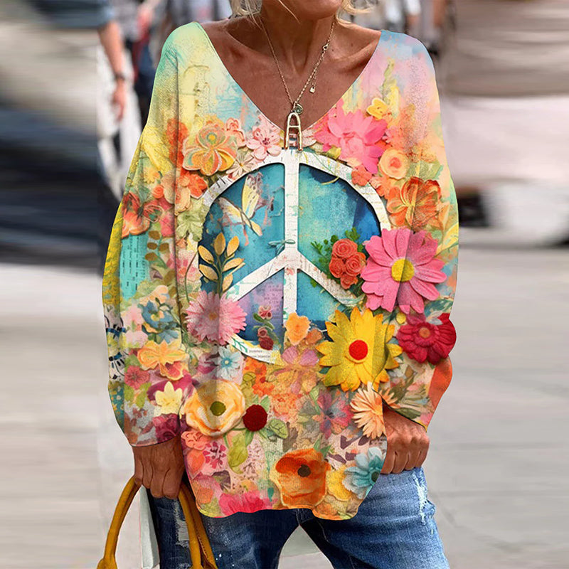 Cardydony Hippie Vibe Peace And Love Hippie Floral Painting Art Cozy T Shirt
