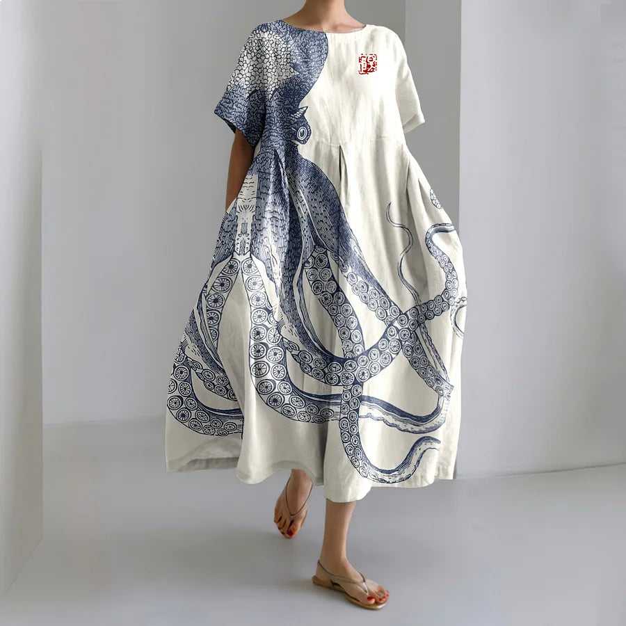 Cardydony Japanese Art Octopus And Crab Print Casual Art Linen Blend Maxi Dress