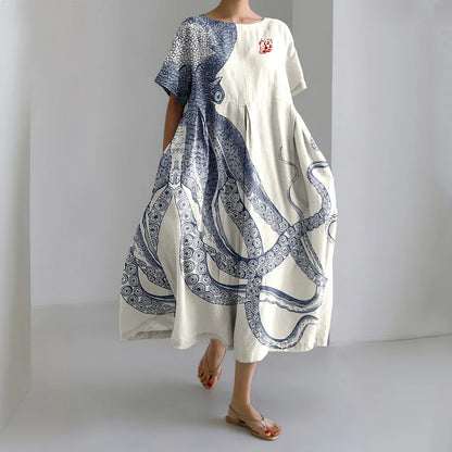 Cardydony Japanese Art Octopus And Crab Print Casual Art Linen Blend Maxi Dress