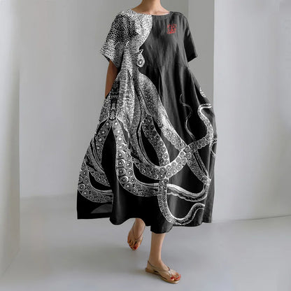 Cardydony Japanese Art Octopus And Crab Print Casual Art Linen Blend Maxi Dress