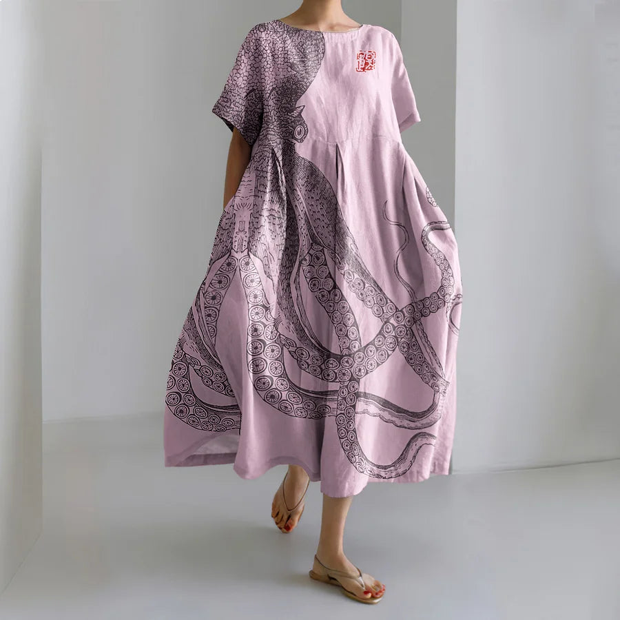 Cardydony Japanese Art Octopus And Crab Print Casual Art Linen Blend Maxi Dress