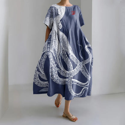 Cardydony Japanese Art Octopus And Crab Print Casual Art Linen Blend Maxi Dress