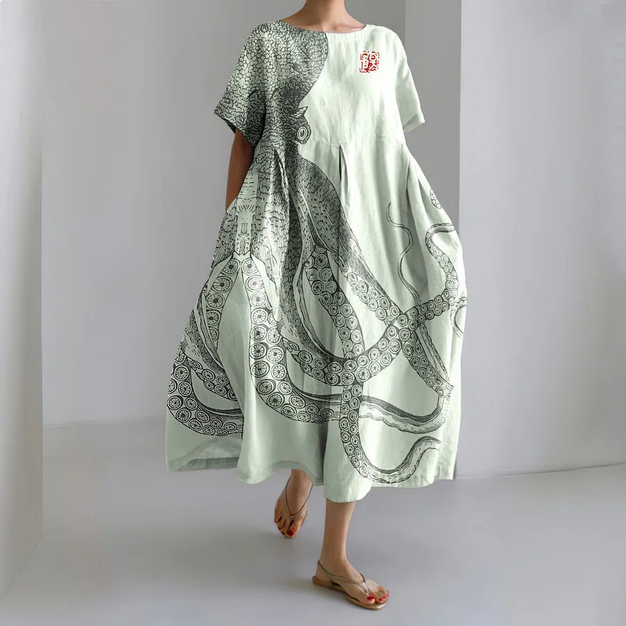 Cardydony Japanese Art Octopus And Crab Print Casual Art Linen Blend Maxi Dress