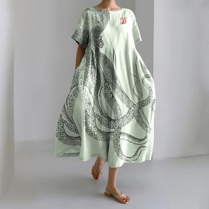 Cardydony Japanese Art Octopus And Crab Print Casual Art Linen Blend Maxi Dress
