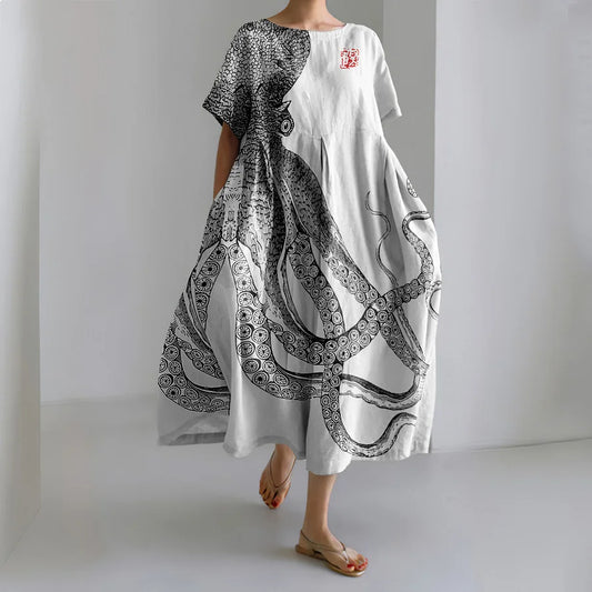 Cardydony Japanese Art Octopus And Crab Print Casual Art Linen Blend Maxi Dress