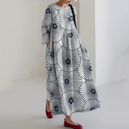 Cardydony Japanese Art Print Loose Casual Midi Dress