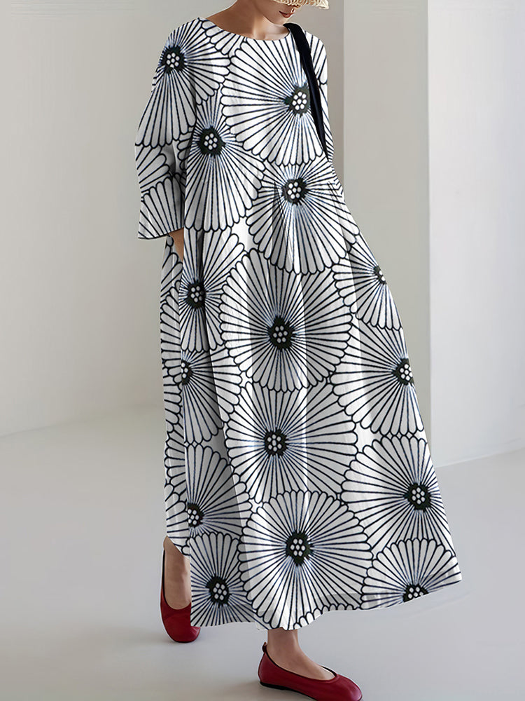 Cardydony Japanese Art Print Loose Casual Midi Dress