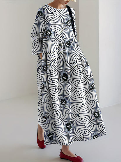 Cardydony Japanese Art Print Loose Casual Midi Dress