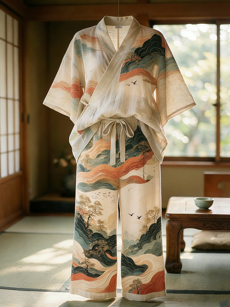 Cardydony Japanese Art Style Landscape Cotton And Linen Suit